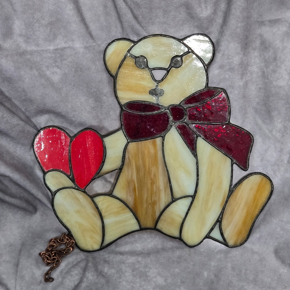 Bear with Bow Heart Stained Glass Sun Catcher Handmade Gift